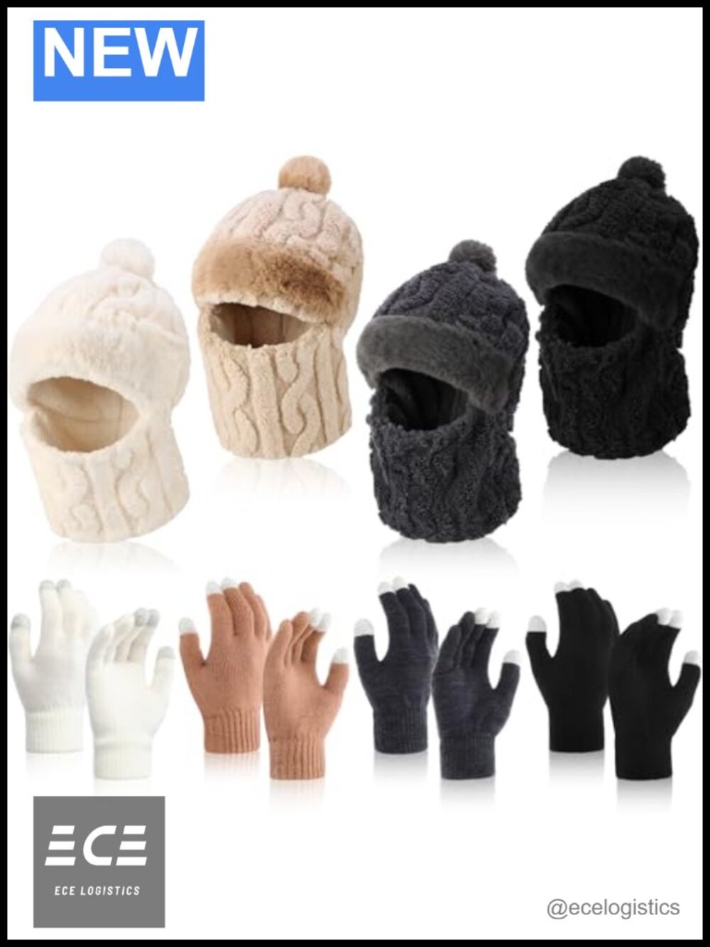 3 in 1 Winter Hat Scarf Mask Set with Touchscreen Knit Gloves